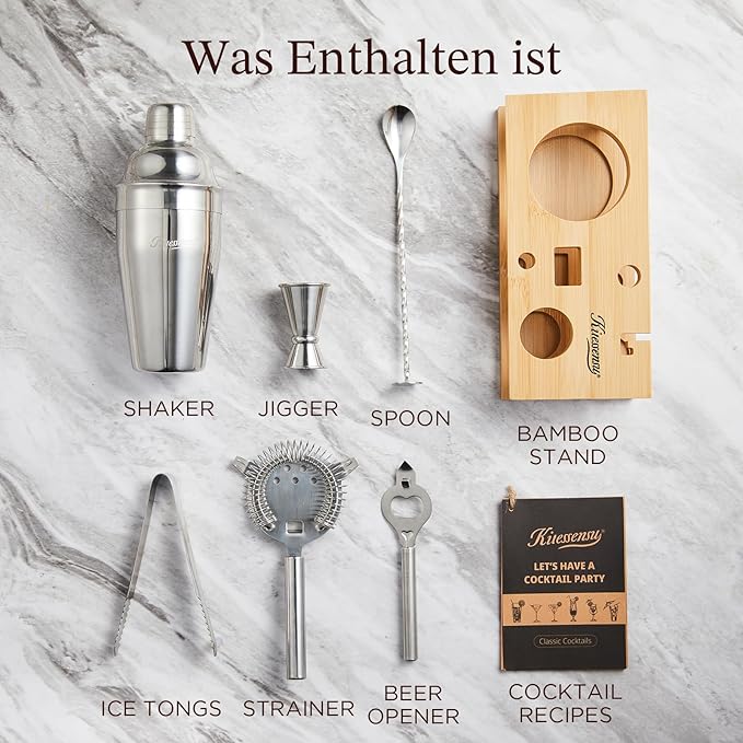 KITESSENSU Cocktail Shaker Set Bartender Kit, 6-Piece Silver Bar Set with Stand, Bar kit with Essential Bar Accessory Tools: Martini Shaker, Jigger, Strainer, Bar Spoon, Tongs, Opener