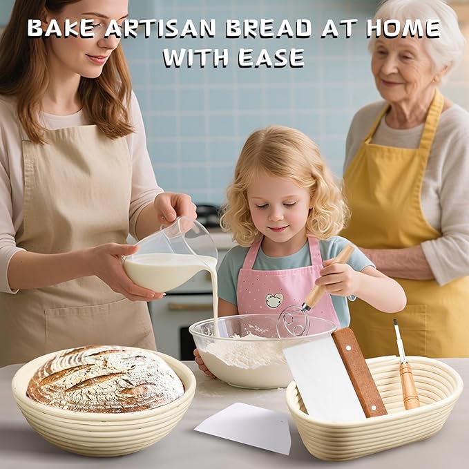 Banneton Bread Proofing Basket - Banneton Basket Set Sourdough Proofing Basket Round Proofing Bowls Handmade Rattan Baskets and Liners (Oval & Round Gift Set)