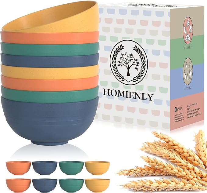 Homienly Plastic Bowls Alternative, Unbreakable Wheat Straw Cereal Bowls 8 PCS - Microwave & Dishwasher Safe Bowl for Cereal, Snack, Rice, Salad, Soup Bowls for Kitchen, Camping, Party(Muliti,26 OZ)