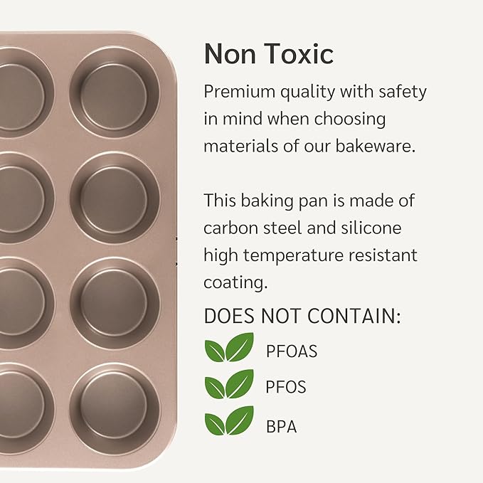 HAPPIELS Non Toxic Nonstick 12 Cup Muffin Pan | PFOA BPA free Nontoxic Cupcake Tin | Best Non Stick Muffin Pans | Muffin tins | Cupcakes Tray | Carbon Steel Bakeware Mold Trays