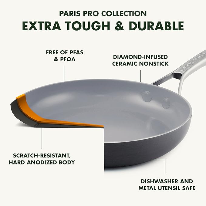 GreenPan Paris Pro Hard Anodized Healthy Ceramic Nonstick, 14 Piece Cookware Pots and Pans Set with Stainless Steel Lids, PFAS-Free, Dishwasher Safe, Grey