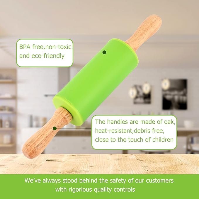 Mini Silicone Rolling Pin for Kids, Non-stick Surface Wood Handle, 9 Inch 8 Pack