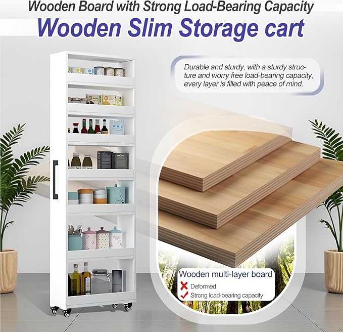 7-Tier Slim Storage Cart, Wooden Rolling Pantry Cabinet with Wheels, Narrow Shelf Organizer for Kitchen, Bakers Rack, Dining Room, Closet, Small Spaces Light Walnut 47.2" H*9.8" W*16.9" D