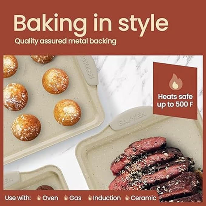 18-Piece Deluxe Nonstick Carbon Steel Bakeware Set - Professional Kitchen Oven Baking Pans with White Silicone Handles and Accessories