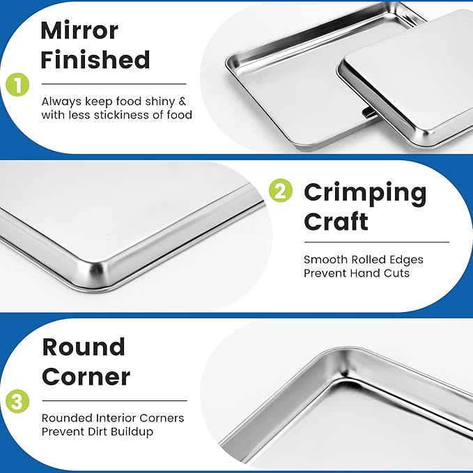 6 Pack Stainless Steel Baking Sheet Pans, 12.5" L × 9.6" W × 1" H Cookie Sheets for Toaster Oven, Rust-Resistant, Dishwasher Safe