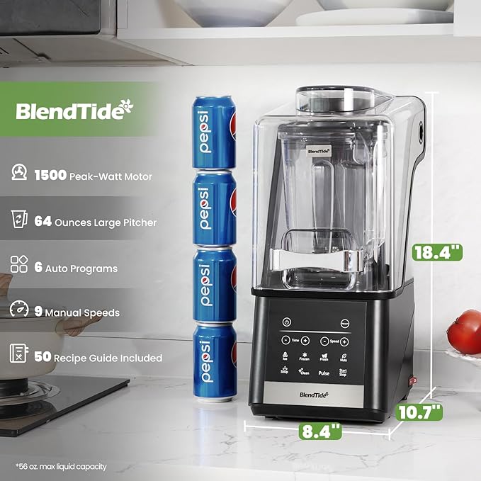 Commercial Blender, 1500W Vacuum Blender for Less Foam, Professional-Grade Quiet Shield, Kitchen Timer, 9 Speeds, 6 Programs for Smoothies, Frozen Drinks, Self-Cleaning, 64oz Bulk Production
