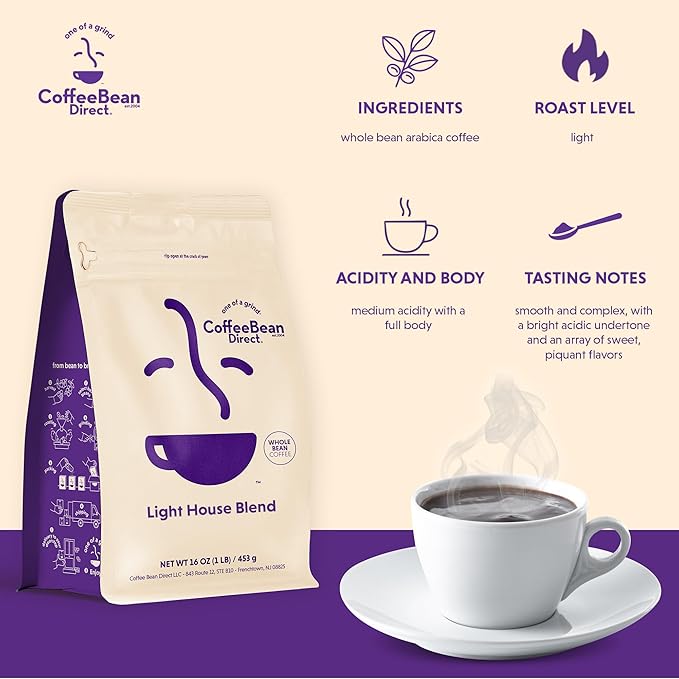 Coffee Bean Direct Light House Blend, Whole Bean Coffee, Light Roast, 1 Pound Bag (Pack of 1)