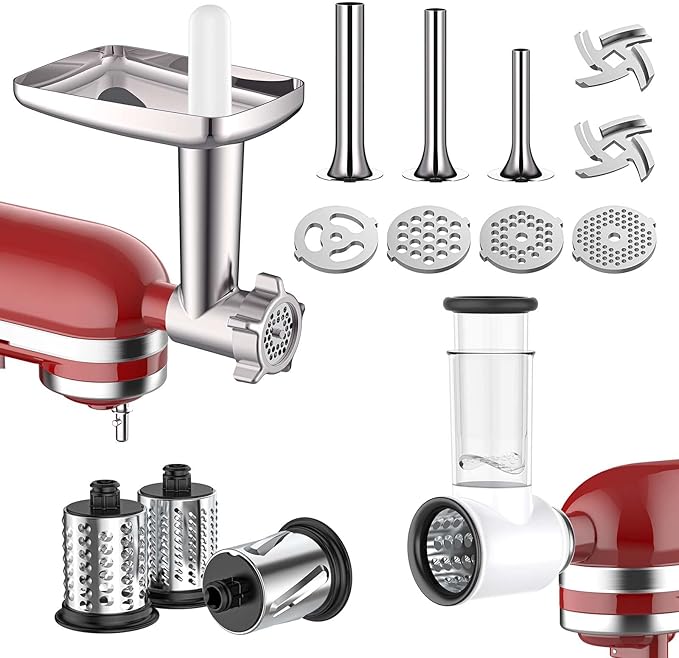 Meat Grinder & Slicer Shredder Attachments for KitchenAid Stand Mixer, Meat Grinder with Sausage Stuffer Tubes and Slicer Shredder Set, 2 Pcs Attachment Set for KitchenAid Mixers By Cofun