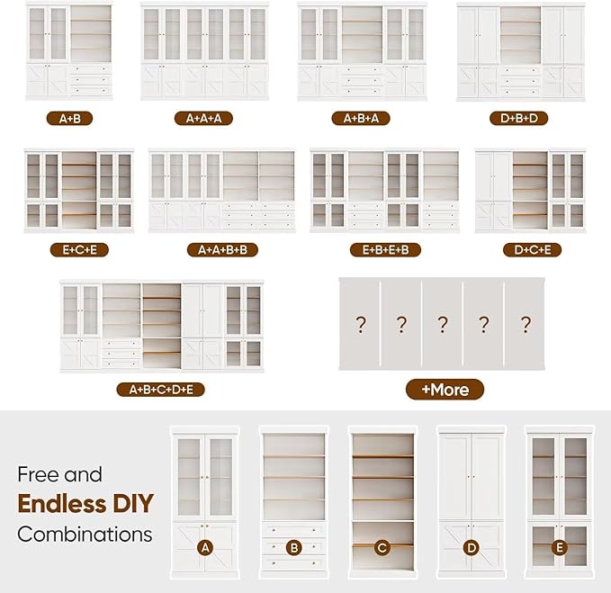 70.8" Tall Farmhouse Bookshelf, Modular Bookcase with Glass Doors, 6-Tier Adjustable Shelves, Large Storage Cabinet for Kitchen, Living Room, White, Set of 4