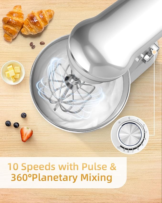 Facelle Tilt-Head Stand Mixer, 5QT+6QT Stainless Steel Two Bowls, 10 Speeds Kitchen Electric Food Mixer with Egg Whisk, Dough Hook, Beater, Dishwasher-Safe Attachment, Ideal Gift for Mom