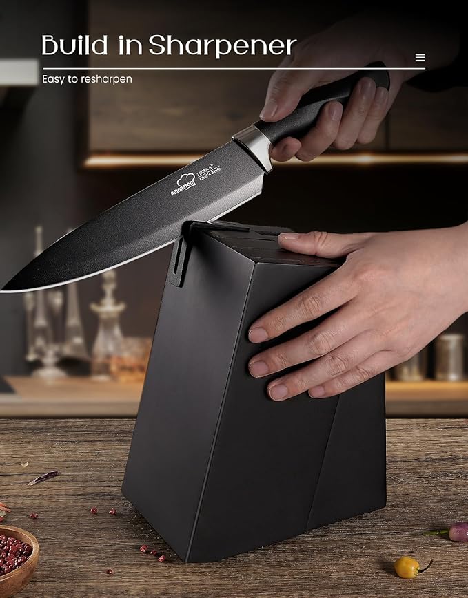Knife Set, Amorston 15 Pieces Knife Sets for Kitchen with Block, Dishwasher Safe Kitchen Knife Set with Built in Sharpener Block, German Stainless Steel Knife Block Set, Black