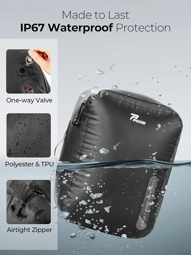 Vacuum Bags for Travel with Wireless Pump, 180° Open Zipper, IP67 Waterproof, Reusable Space Saver Compression Bags for Backpack, Suitcase, Home Storage(1 Pack)