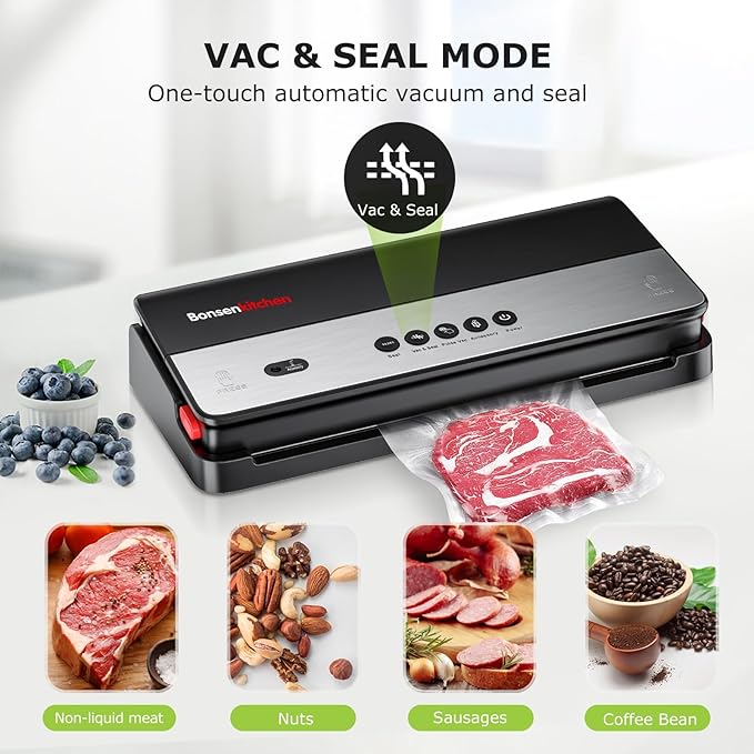 Bonsenkitchen Vacuum Sealer Machine, Multi-Functional Food Sealer with 1 Roll Bag, Bag Storage | Built-in Cutter, Black-Silver