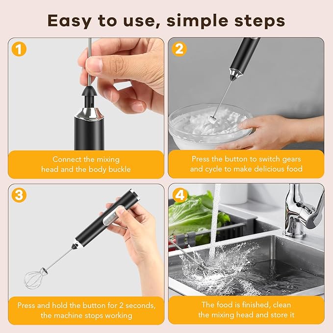 Milk Frother Handheld Rechargeable with Stand, Frother Wand Foam Maker 3 Speed Adjustable Drink Mixer with Detachable Stainless 2 Whisks Electric Coffee Frother Stirrer For Latte, Cappuccino, Egg