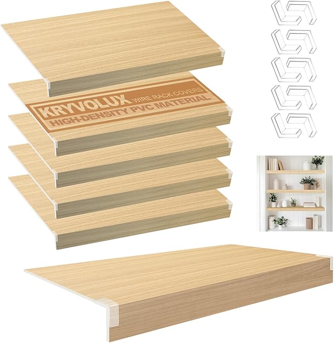 5 Pcs Wire Rack Covers 24x16x3 inch PVC Pantry Shelf Cover 0.31 inch Thick Removable Closet Wire Rack Shelf Covers,Decoration Kitchen Bathroom Office Shelving (Wood Color,24x16x3 inch)