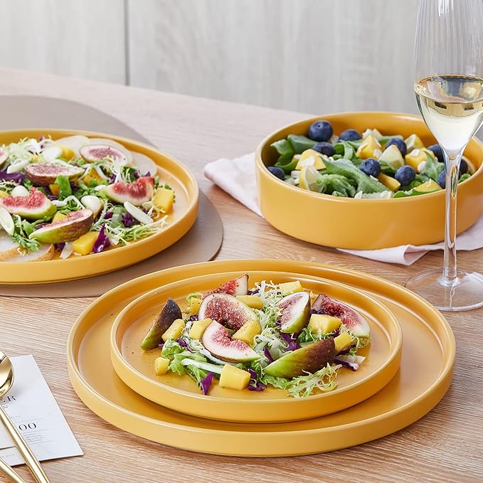 Stone Lain Cleo Modern Stoneware 32-Piece Dinnerware Set, Plates and Bowls Set, Pasta Bowls, Dish Set Service For 8, Yellow