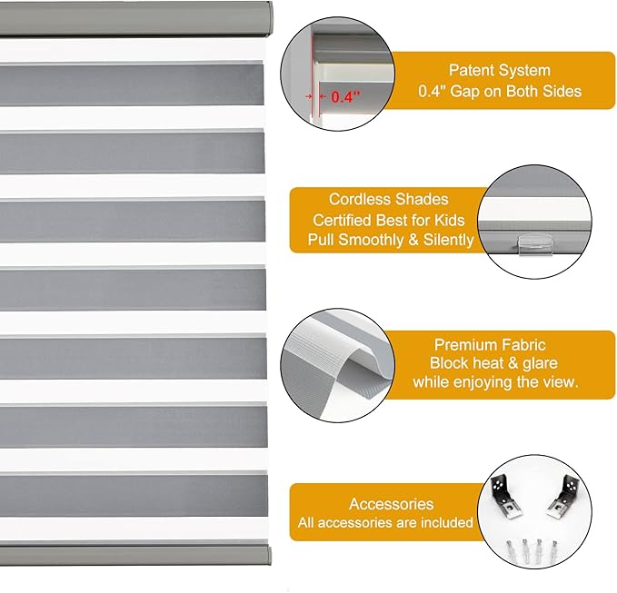 Persilux Zebra Shades Cordless Blinds for Windows (22" W x 72" H, Grey) Dual Layer Zebra Roller Shades, Free Stop Sheer Window Treatments for Home, Office, Bathroom…