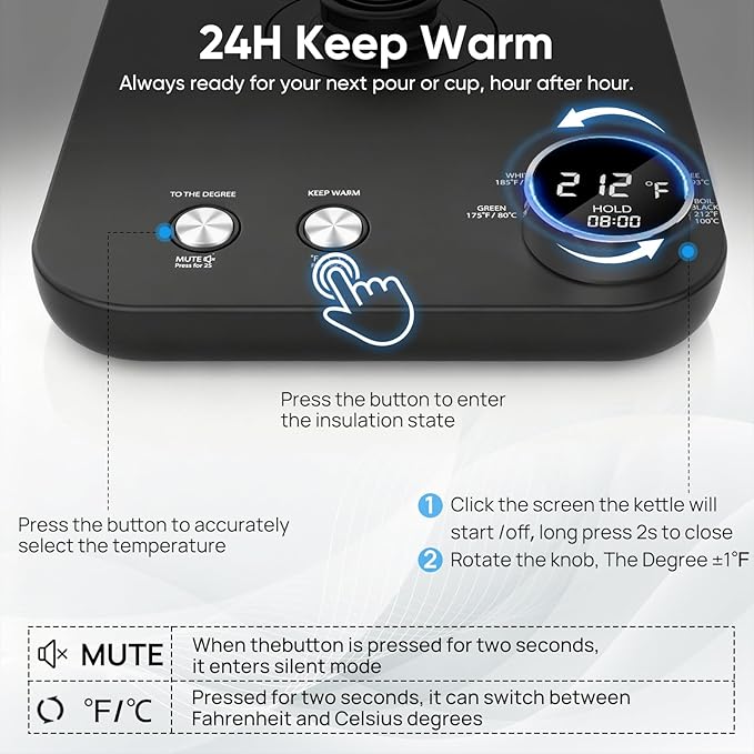 COZII Gooseneck Electric Kettle with ±1°F Temperature Control, 1200W Quick Heating for Pour Over Coffee & Tea, 0.9L Water Boiler with 24H Keep Warm & Auto Shut Off, Stainless Steel Interior, Black