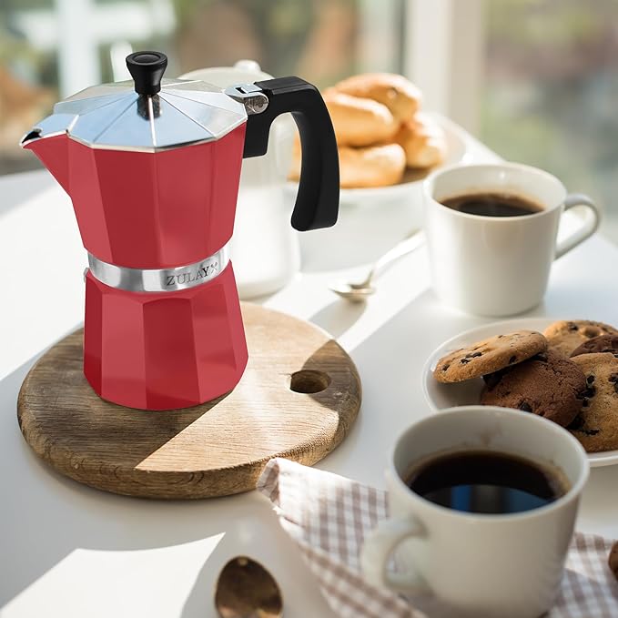 Zulay Moka Pot Espresso Stovetop Coffee Maker - Leak-Proof, Stainless Steel, Easy to Clean, Heat Resistant Handle & Knob - for Authentic Cuban & Italian Style Espresso - Makes 3 Espresso Cups - Red