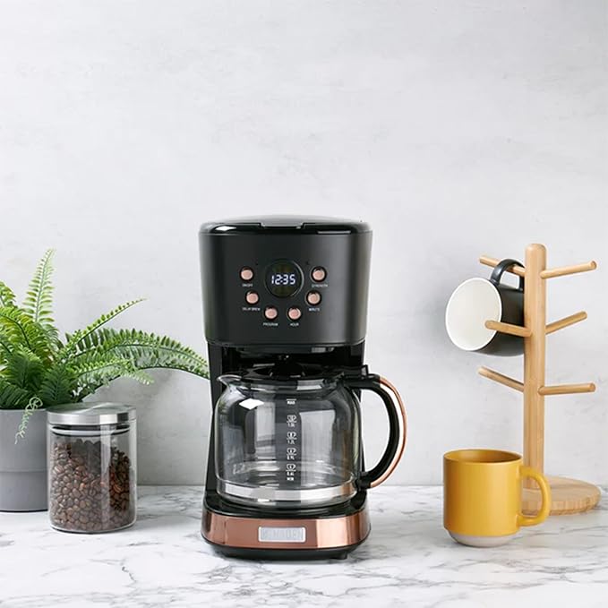 Haden Dorset 4 Slice Wide Slot Stainless Steel Toaster Bundled with 12 Cup Programmable Drip Coffee Maker Coffee Machine, Black & Copper
