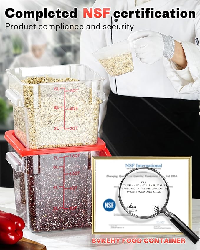 6QT NSF Food Storage Containers: 8 PCS [Food Grade][Hot&Cold Resistant] Commercial Clear Square Food Storage Containers with Scales Handles for Home Restaurant Kitchen Proof Dough (Green)