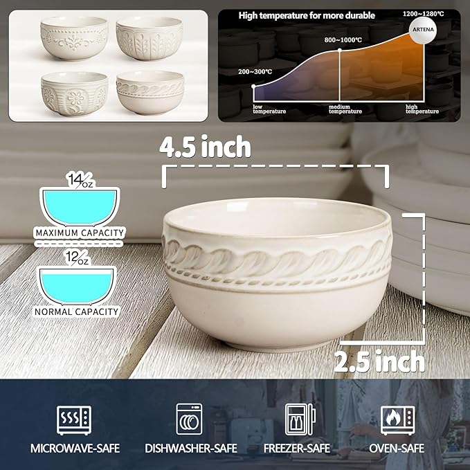 Artena Small Bowls Set of 4, 12 oz Ceramic Embossment Dessert Bowls, white Bowl for Kitchen, Ice Cream, Side Dishes, Rice, Cereal, Fruit, 4.5 Inch, Microwave & Dishwasher Safe, Willow Leaf
