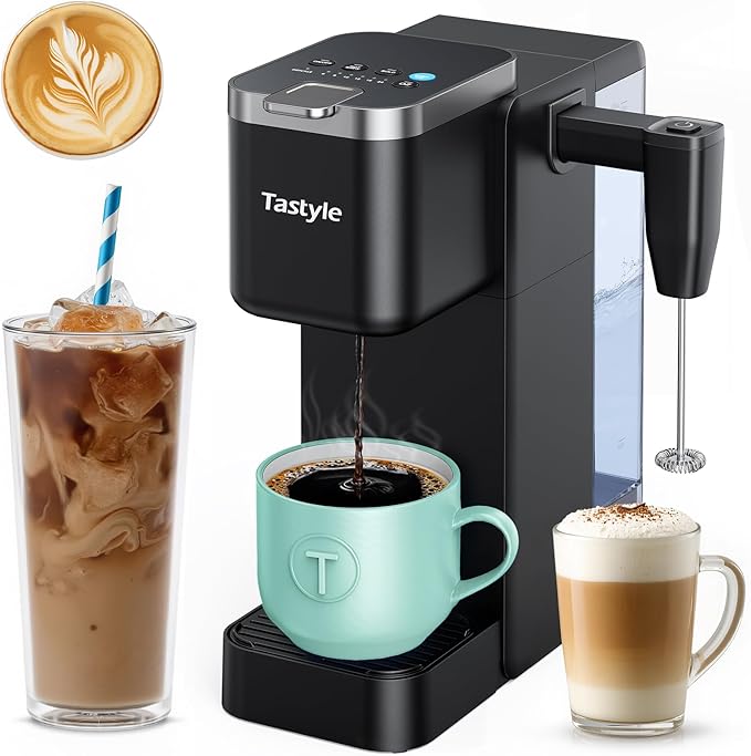 Single Serve Coffee Maker with Built-in Detachable Milk Frother, Iced and Hot Coffee Machine for K Cup & Grounds, 40oz Removable Water Reservoir, 6 Cup Sizes, Fits 7.3" Travel Mug, Black