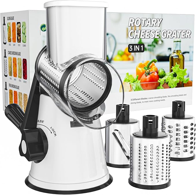 Cambom Rotary Cheese Grater Hand Crank Cheese Shredder for Fresh Cheese, Vegetable, Nuts,Non-slip Suction Base, Free Cleaning Brush Three Blades, White and Black