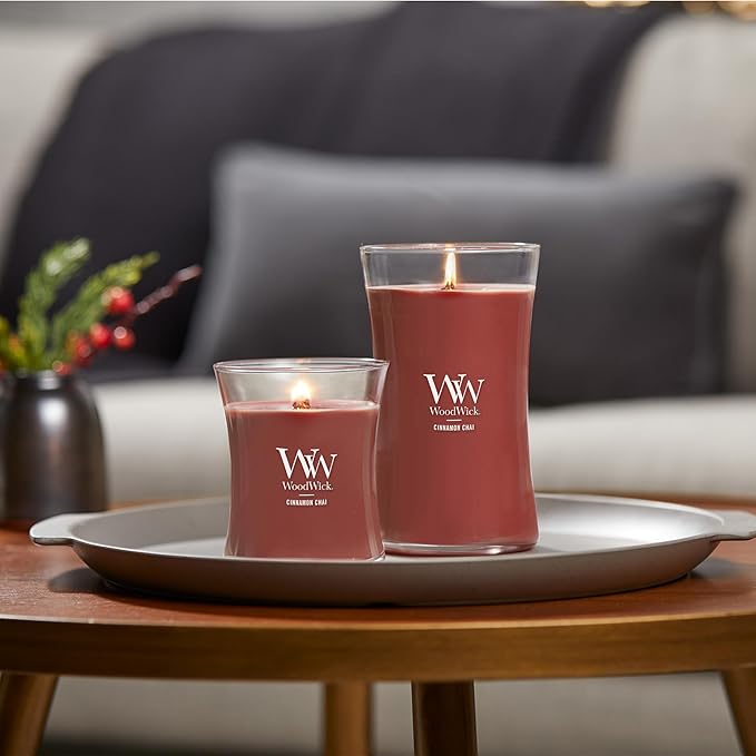 WoodWick Cinnamon Chai Holiday Candle Gifts for Women and Men, 9.7 oz Medium Hourglass Candle with Crackling Wick