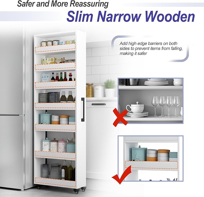 7-Tier Slim Storage Cart, Wooden Rolling Pantry Cabinet with Wheels, Narrow Shelf Organizer for Kitchen, Bakers Rack, Dining Room, Closet, Small Spaces Teak 73.2" H*9.8" W*23.6" D