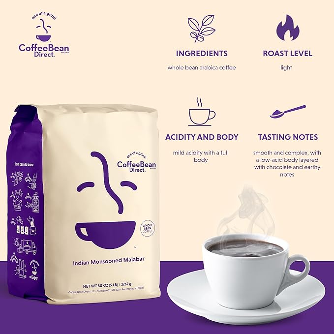 Coffee Bean Direct Indian Monsooned Malabar, Whole Bean Coffee, Arabica Coffee, Light Roast, 5 Pound Bag (Pack of 1)