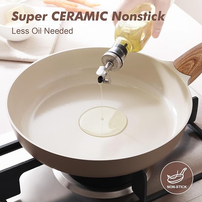 SENSARTE Ceramic Nonstick Frying Pan Skillet with Lid 8inch Non Stick Pan Omelet Pans, Non-toxic Healthy Kitchen Cooking Chef's Pan, Free of Intentionally Added PFAS/PTFE, Induction Compatible, Taupe