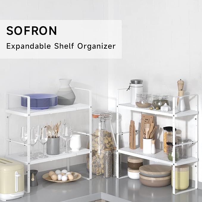 Expandable Cabinet Storage Shelf Stackable Organizer Rack for Kitchen Bathroom Pantry Spice Cupboard Coffee Countertop Home Office Desk Heavy Duty Nonslip White Large 3 Packs