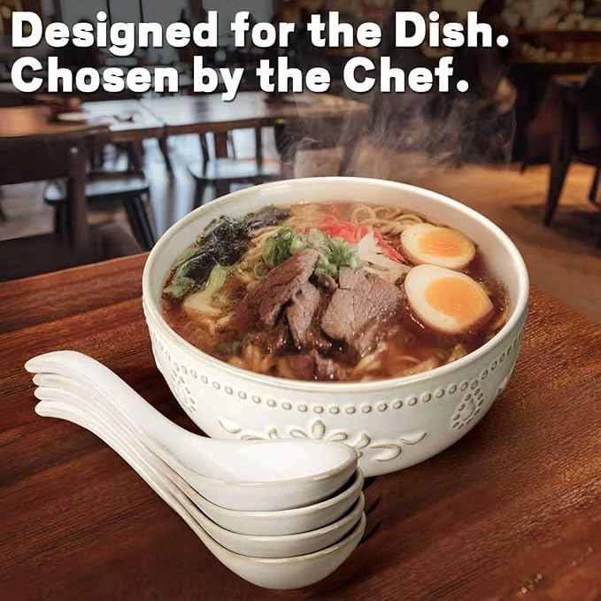 Artena Soup Bowls 32 OZ, Cereal Bowls Set of 4, Embossment Ceramic Ramen Bowls, 6.3 Inch White Salad Bowls, Large Dinner Bowls for Pho, Noodle, Pasta, Snacks, Dishwasher Microwave Safe, Damask Floral