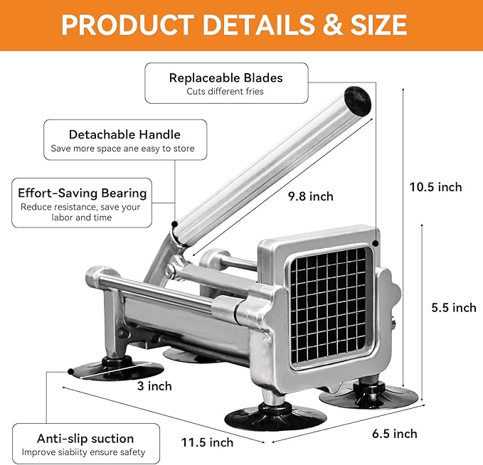 Commercial French Fry Cutter Stainless Steel.Potato Cutter for French Fries with 3/8Inch Blade, Commercial French Fry Cutter Manual Potatoes Cutting Machine with Suction Feet.