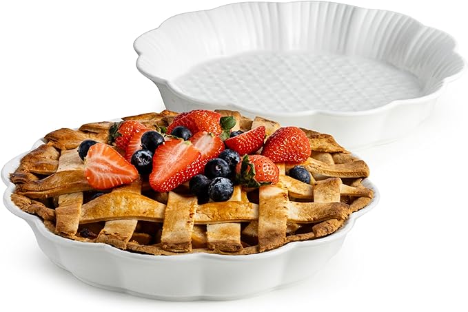 Pie Pan for Baking 9 Inch, Ceramic Pie Dish, Non-Stick Round Baking Dish, Porcelain Plates with Ruffled Edge| Microwave, Dishwasher, and Oven Safe (2PCS)