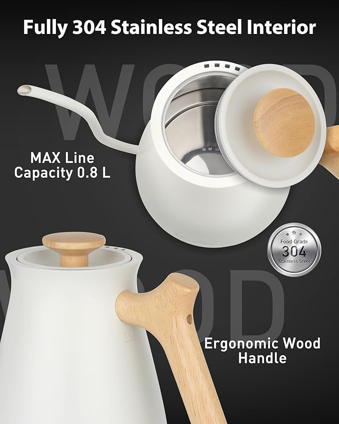 Harriet Gooseneck Electric Kettle - 1200W Fast Heat, 0.8L Stainless Steel, Precision Temp Control & Timer, Wood Handle, Pour Over Coffee and Tea, White