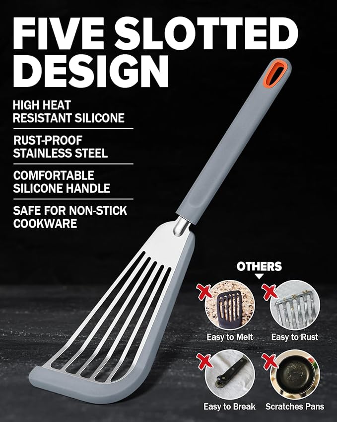 Silicone Fish Spatula Turner Set of 2, Thin Slotted Spatulas Turner for Nonstick Cookware,Heat Resistant Flexible Stainless Steel Kitchen Cooking Spatula Flipper for Fish, Egg, Pancake (KG)