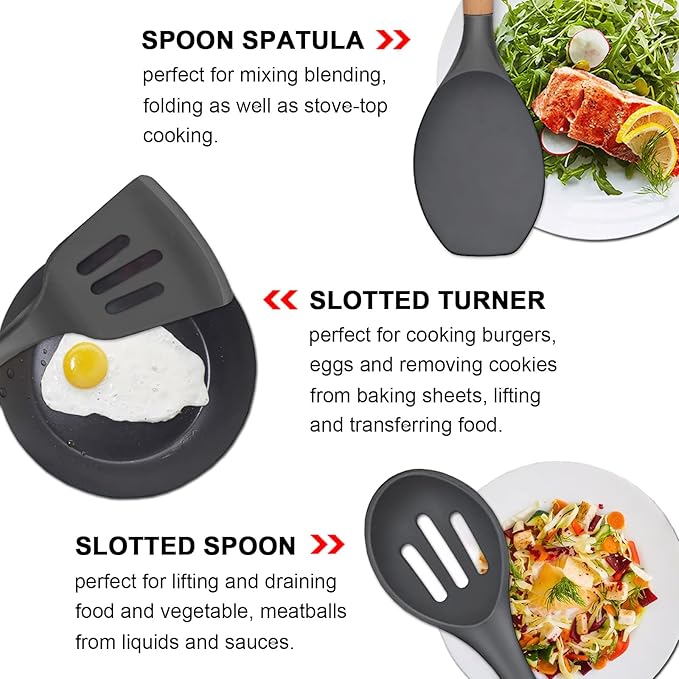Silicone Cooking Utensils Set 5-Piece Non-Stick Kitchen Utensil Set, Wood Handle Heat Resistant Spatula Spoon Turner Soup Ladle Silicone Cooking Kitchen Gadgets BPA Free for Nonstick Cookware