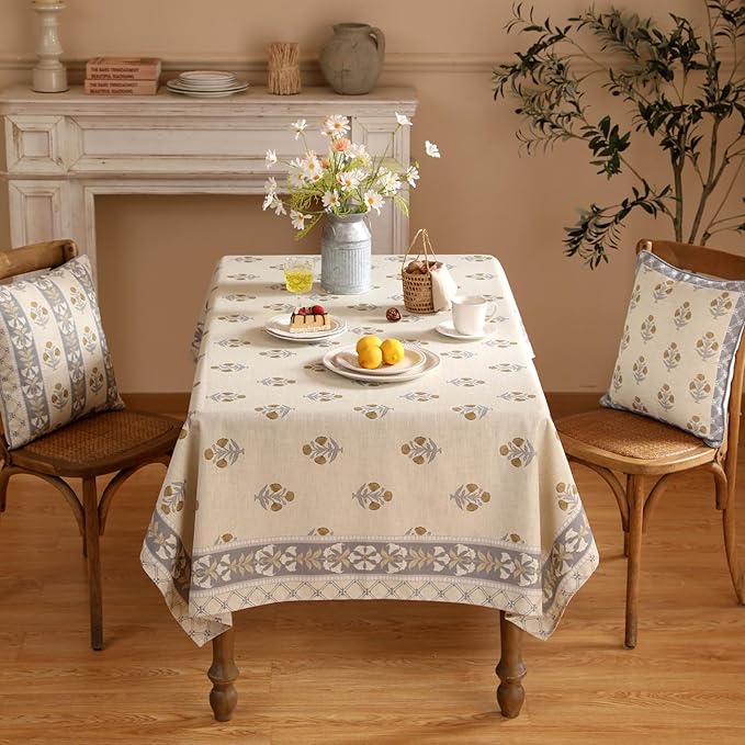 patdrea Designer Beige Tablecloth for Rectangle Table,Elegant Linen Floral Pattern French Table Cloth,Decor Cover Cloth for Kitchen Dining Christmas,Thanksgiving,Party,63"x87"-Istana a