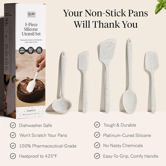 GIR: Get It Right 5-Piece Silicone Essentials Kitchen Utensils Set - Ladle, Spatula, Flip, Spoon & Spoonula - Non-Toxic Cooking Utensils for Nonstick Cookware, Cooking and Baking - Party Confetti