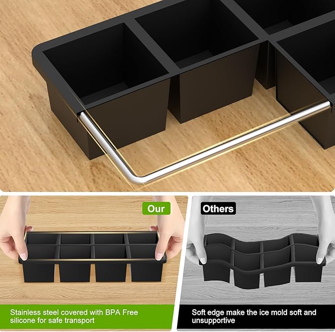 Samuelworld Large Silicone Ice Cube Tray Molds, Big 2 Inch Cubes 3 Pack - Food Grade, Flexible, 8 Cavity Easy Release Slow Melting Ice for Whiskey, Cocktails, Gifts & Christmas - Black (With Lid)