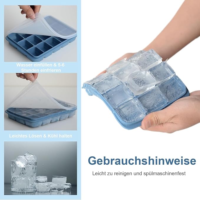 Ice Cube Trays Set of 3, Easy Release 15 Flexible Silicone Ice Cube Molds with Removable Lid Reusable Freezer Ice Trays Stackable for Whiskey, Blue*3
