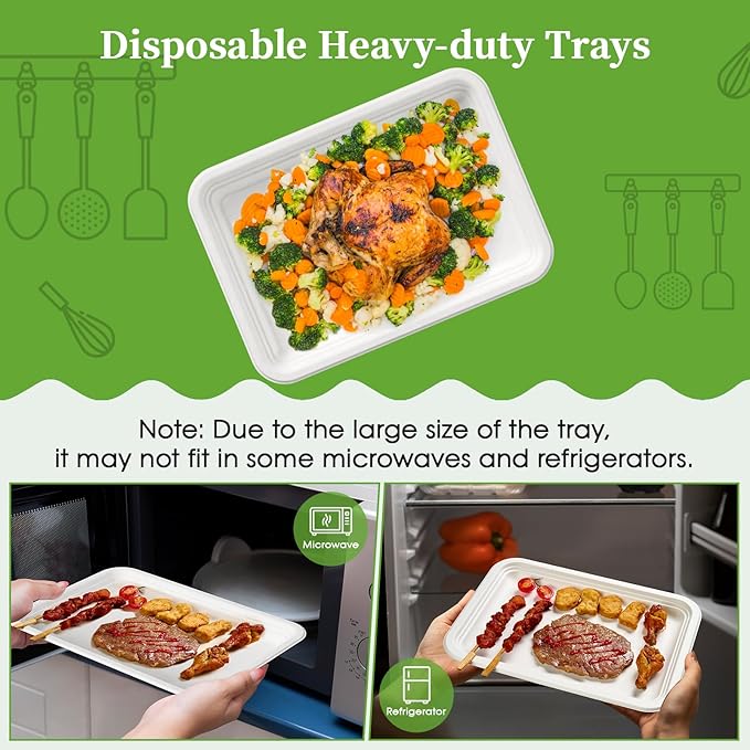 ECOLipak 100 Pack 14 Inch Disposable Food Crawfish Trays, Compostable Large Paper Plates, Disposable Thanksgiving Trays for Serving Food, Turkey, BBQ, Seafood Boil Party Supplies(White)
