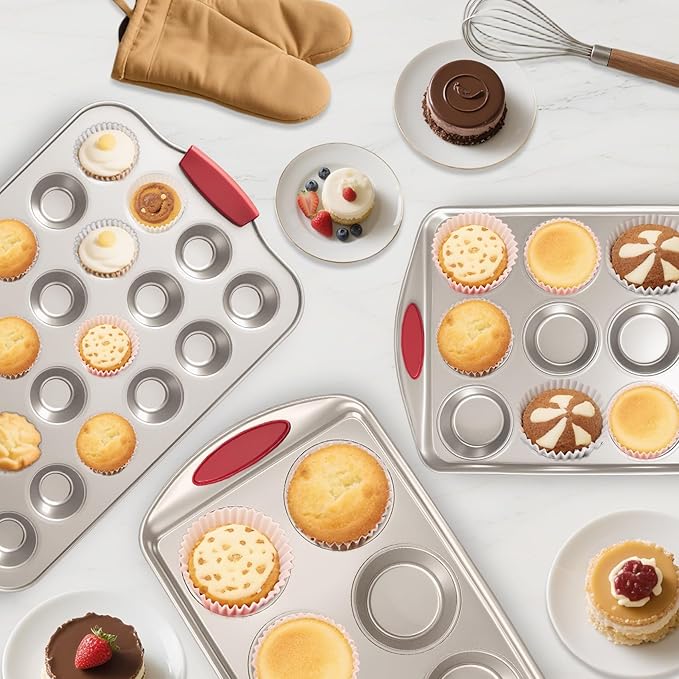 Muffin Cupcake Pans 12-Cup, 2 Packs Nonstick Standard Muffin Tins with Silicone Grip Handles for Baking, Heavy Duty 12 Cheesecake Pan Cup Cake Pans, Non Stick, BPA Free, Dishwasher Safe