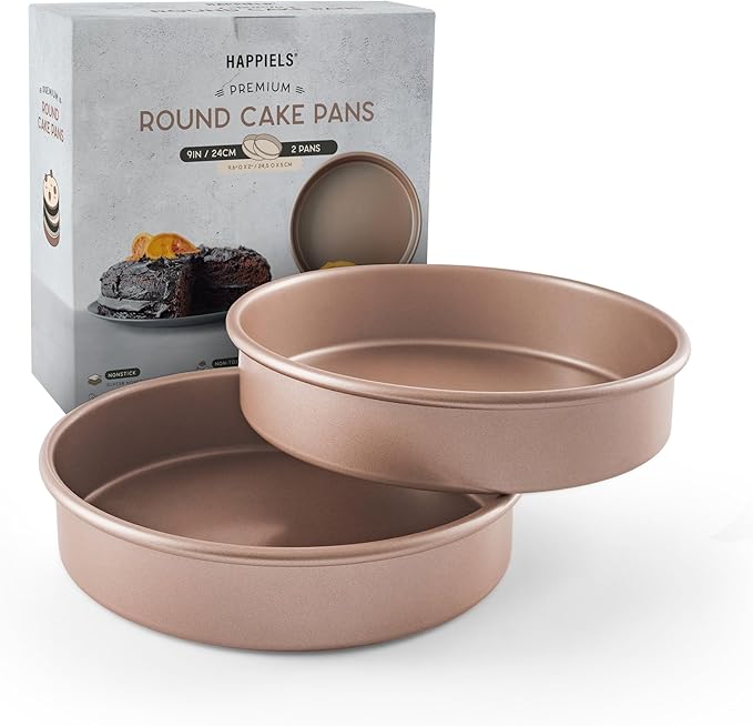 HAPPIELS Non Toxic Nonstick 9 inch Round Cake Pans Set of 2 | Quality Non Stick 9 inches Layer Circle Cake Pan 2 inches Deep | Best 9in Baking Pan PFOA, BPA free Nontoxic | 9inch 9inches Cake Pans Set