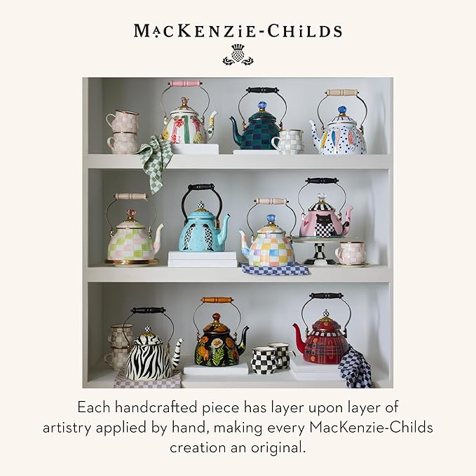MACKENZIE-CHILDS Enamel Tea Kettle, Cute Tea Kettle for Stovetop, 2 Quarts, Confetti Check