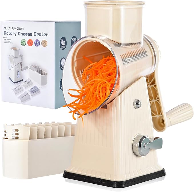 Xilrvna RotaryCheese Grater,VegetableShredder 5 in 1 Cheese Grater with HandleedderReinforcedSuction,EasytoClean,KitchenChopperforCrushedIce,Fruits and Nuts with Blade Storage Case（White