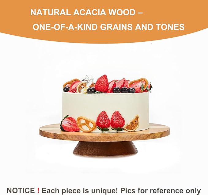 12" Acacia Wood Revolving Cake Stand,2" High Rotating Cake Turntable with 2 Plastic Icing Spatulas, 3 Plastic Smoothers, Wooden Rotating Display Stand for Cake, Cupcake Decorating Supplies