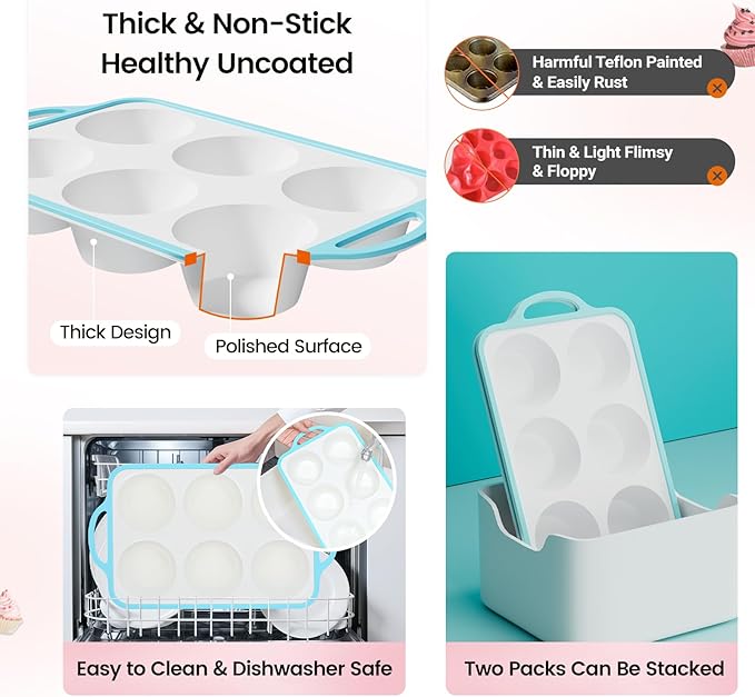 Silicone Jumbo Muffin Pan with Metal Frame, Non Stick Food Grade Silicone Large Muffin Pan, with Handles 6 Cup,BPA-Free and Dishwasher Safe, Jumbo Cupcake Pans - 1 Piece Blue